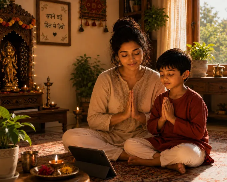 A family doing puja together at home
