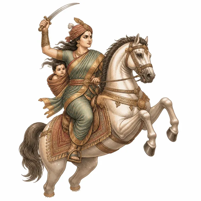 Rani Lakshmibai on horseback with her son